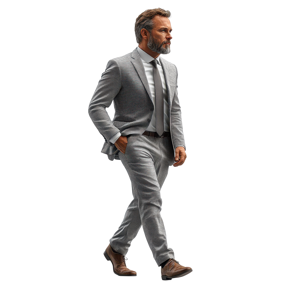 Elegant man in a tailored gray suit walking confidently on a plain background during a bright day isolated on transparent background. png