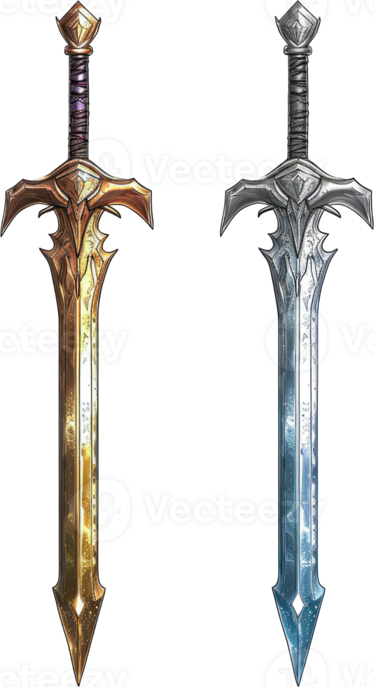 Two Ornate Swords Golden And Silver Displayed png