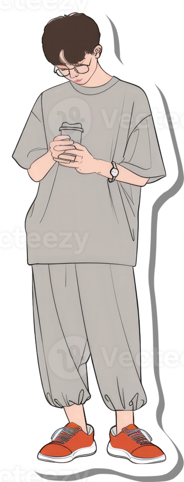 Stylish Young Man Casual Outfit Coffee Phone png