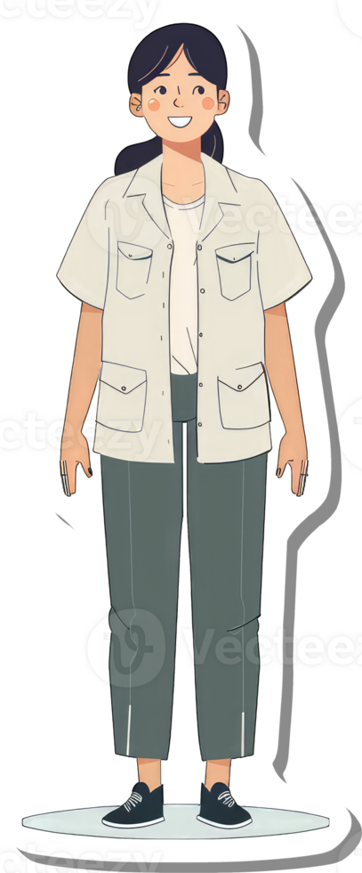 A Smiling Woman Wearing a Beige Shirt and Green Pants png