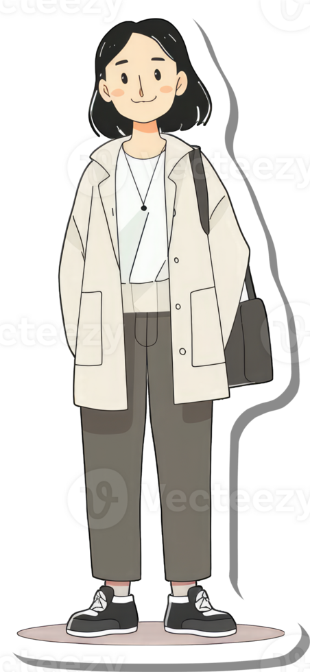 A stylish young woman wearing a beige coat and grey pants png