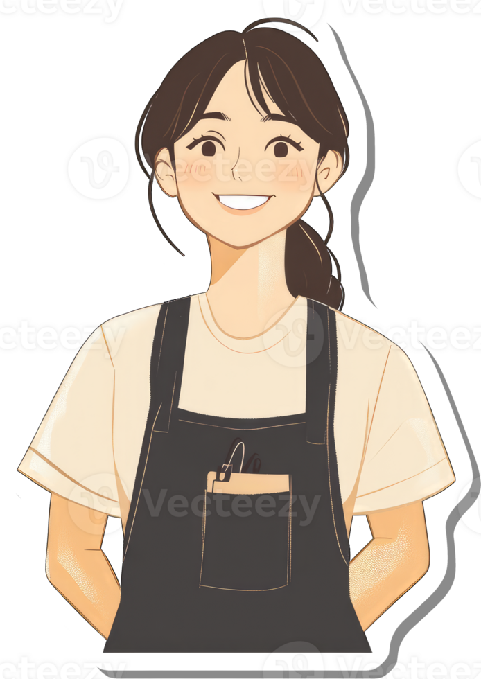 Smiling Woman Wearing a Cream Shirt and Dark Apron png