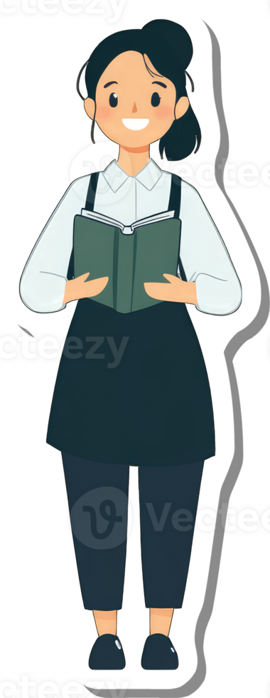 A smiling waitress holds a book while standing png