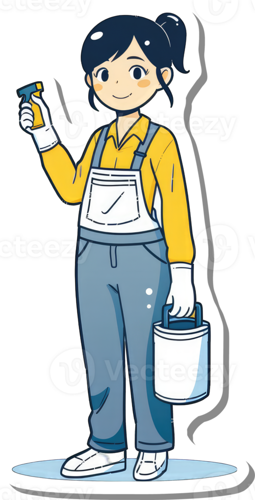 A young woman painter holds a spray bottle and paint can png
