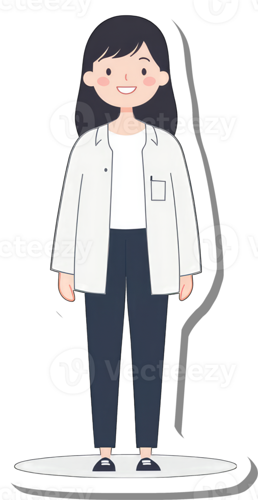 A Smiling Woman Wearing a White Coat and Dark Pants png