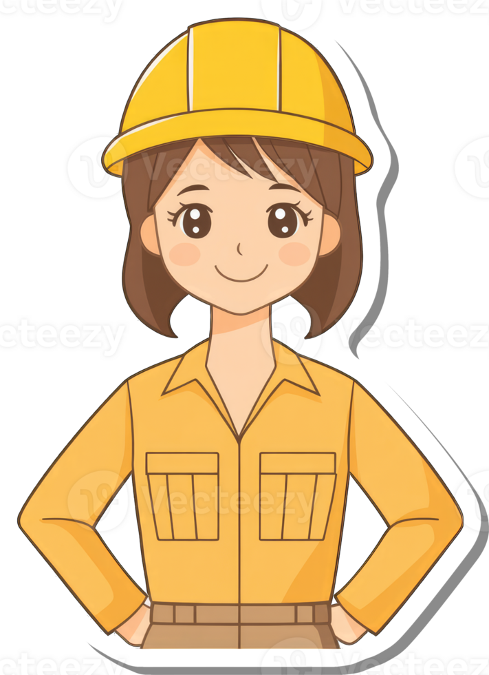 A female construction worker wearing a yellow hard hat and uniform png