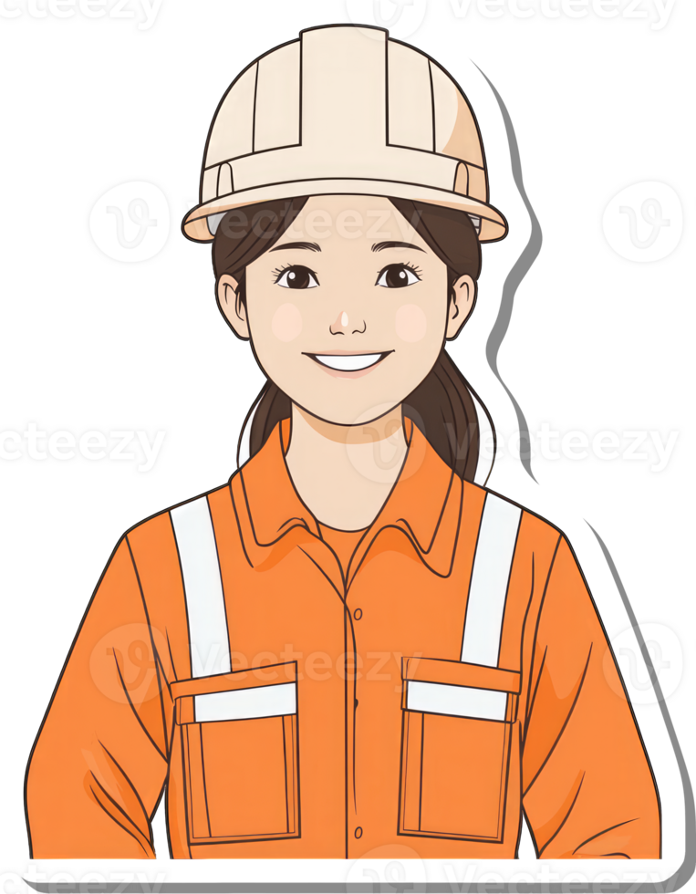 A smiling female construction worker wearing an orange jumpsuit and hardhat png