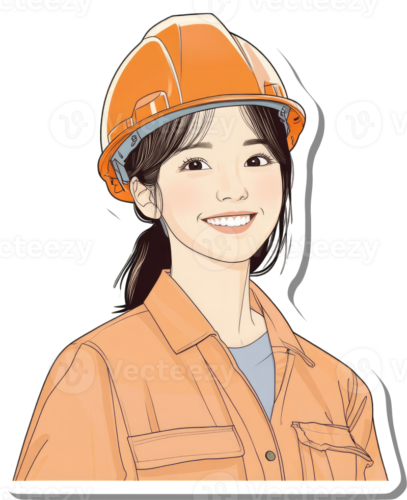 Young Woman Wearing Orange Work Jacket and Helmet png