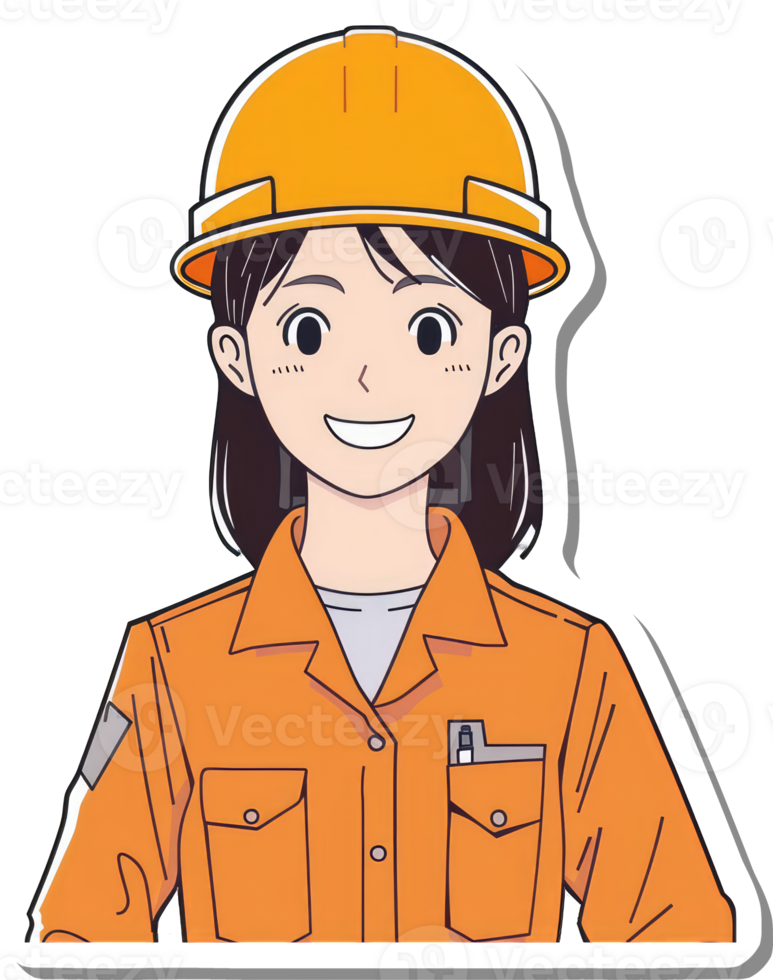 A smiling female construction worker wears an orange uniform and hard hat png