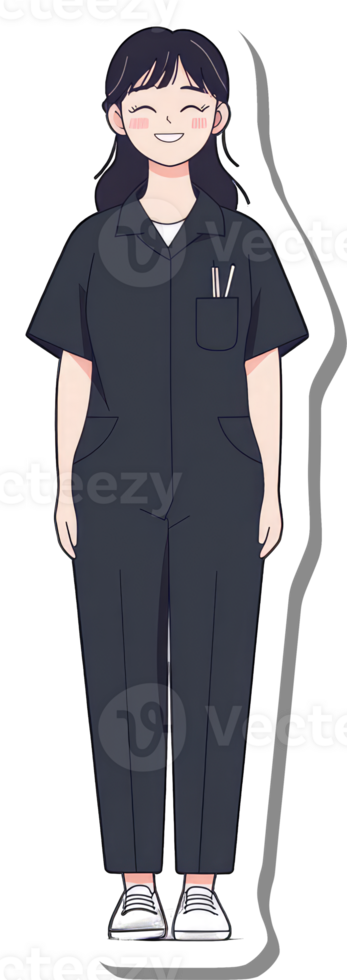 Happy Anime Girl Wearing Dark Overalls png
