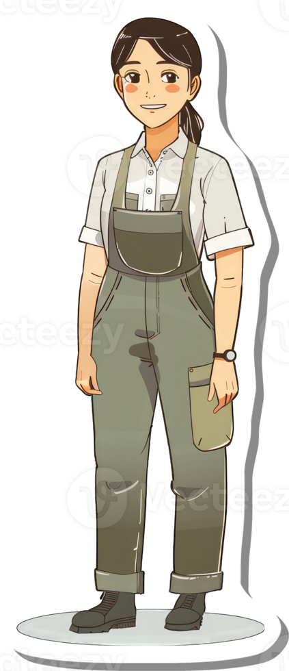 A young woman wearing overalls stands smiling png