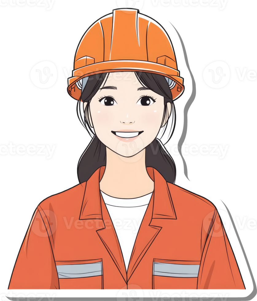 A smiling female construction worker wears an orange uniform and helmet png