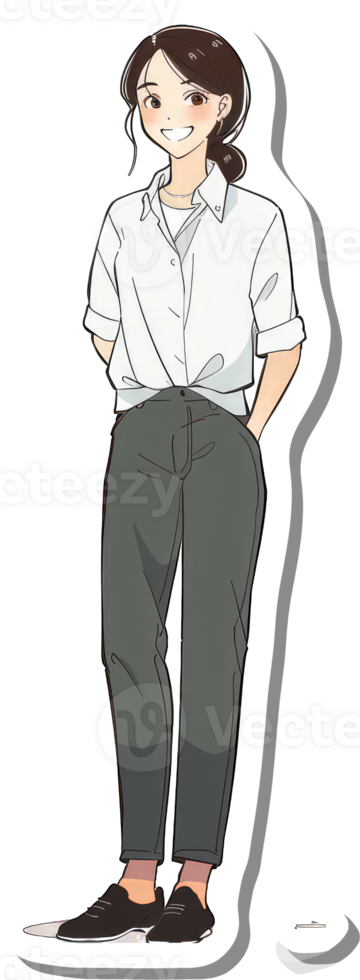 A young woman smiles wearing a white shirt and grey trousers png