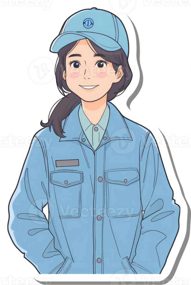 Smiling Woman Wearing a Blue Work Uniform and Cap png