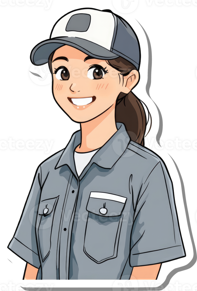 A Smiling Female Worker Wearing a Grey Uniform png