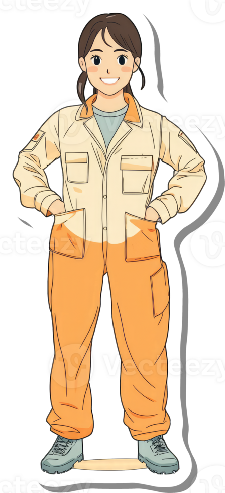 A smiling woman wears an orange work jumpsuit png
