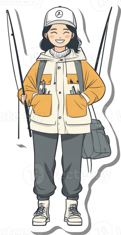 Happy Girl Holding Fishing Rod Wearing Stylish Outfit png