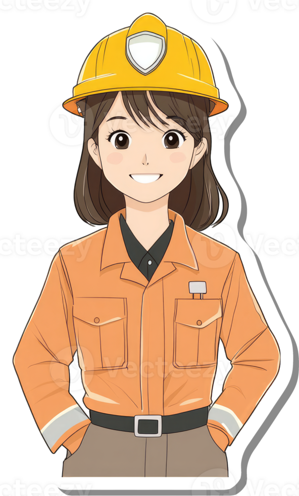 A smiling female worker wears an orange jumpsuit and hard hat png