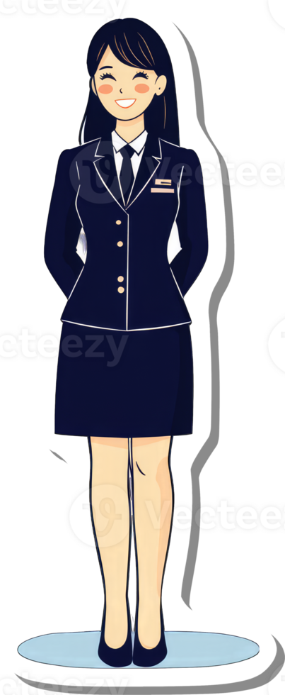 A smiling woman stands wearing a navy blue uniform png