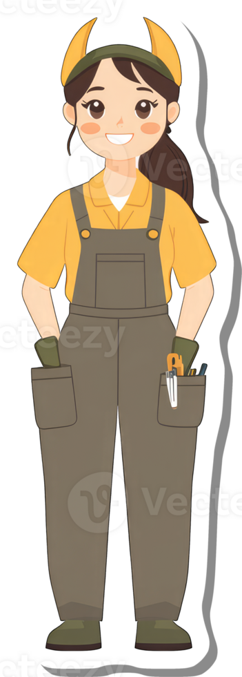 A happy female worker wearing overalls and a hat png