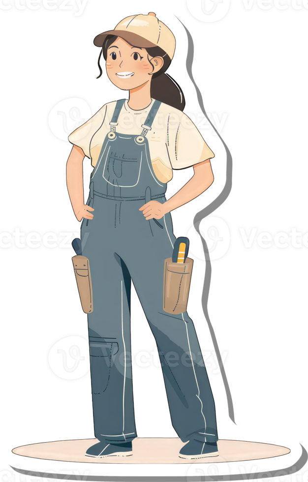 A female worker wearing overalls and a cap png