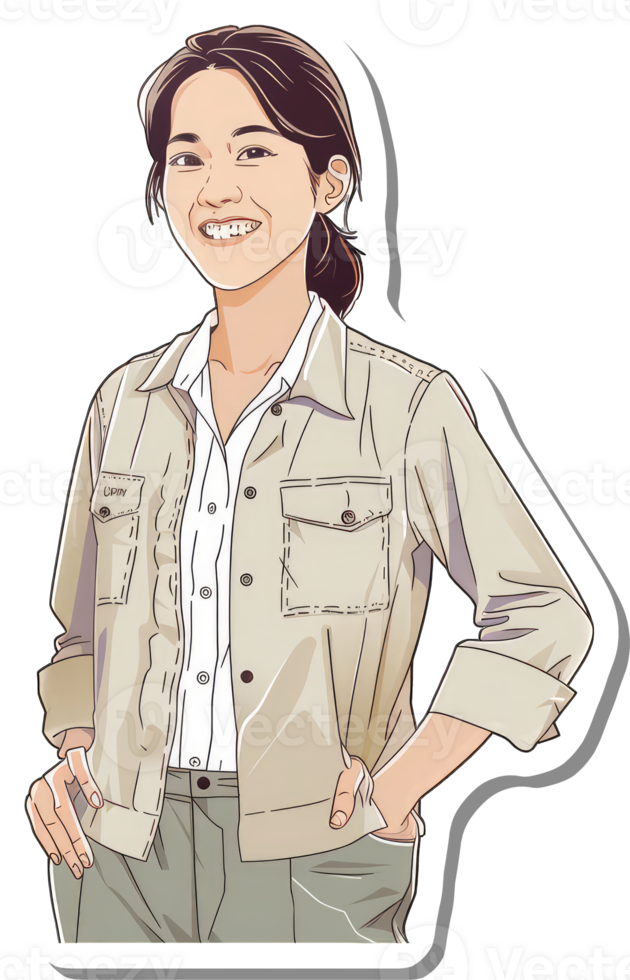 Smiling Woman Wearing a Beige Shirt and Pants png