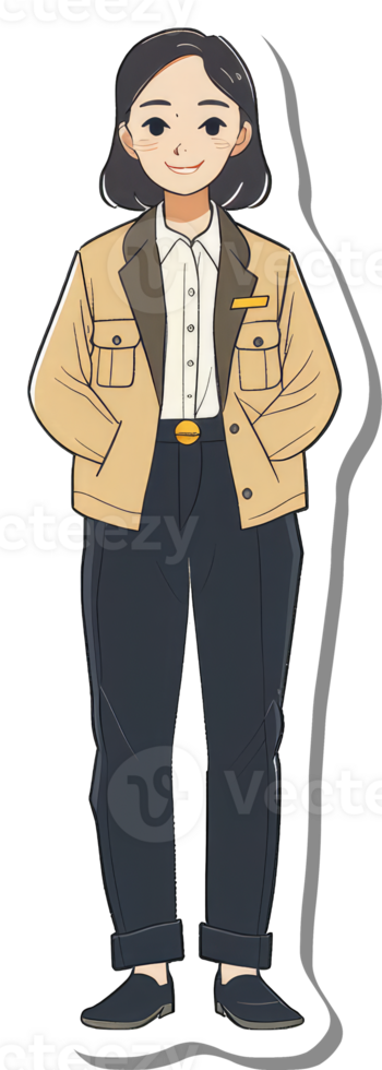 A young woman in a tan jacket and dark trousers png