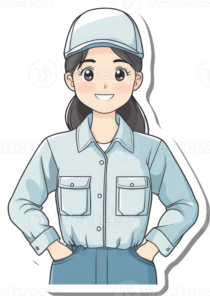 A smiling female worker wearing a light blue uniform and cap png