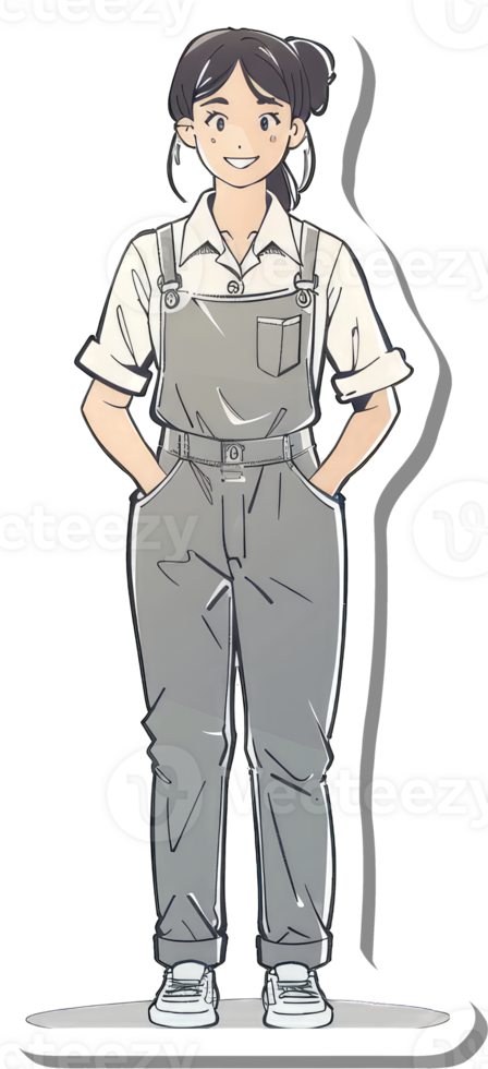 A Smiling Girl Wearing Grey Overalls and White Shoes png