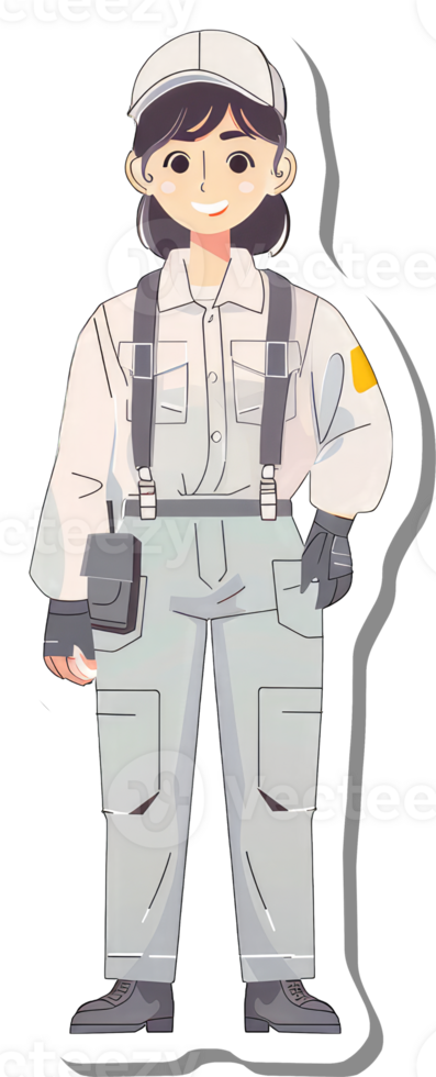 A smiling female worker wears a light grey uniform png