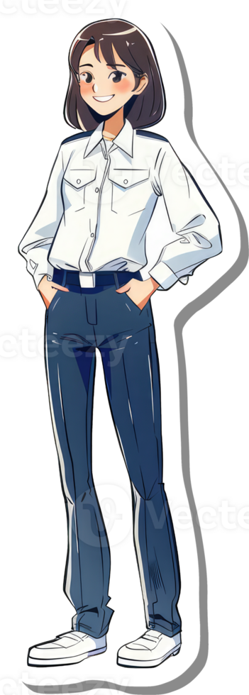 A Smiling Woman in a White Shirt and Dark Trousers png