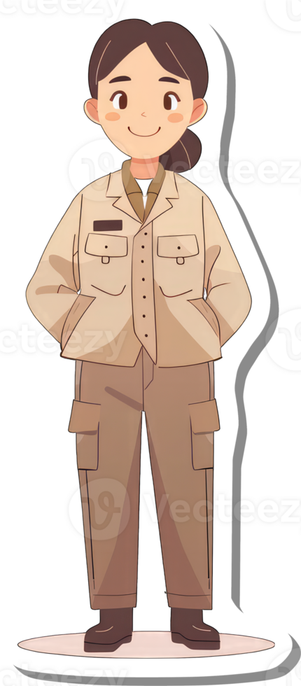 A smiling female worker wearing a tan uniform png