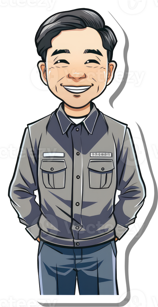 Smiling Asian Man Wearing A Grey Work Uniform png