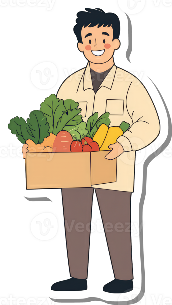 Happy farmer carrying a box of fresh vegetables png