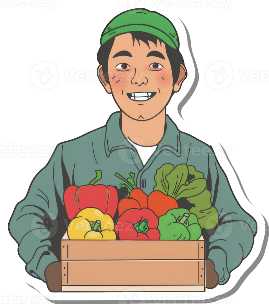 Happy Farmer Holding A Box Of Colorful Bell Peppers png