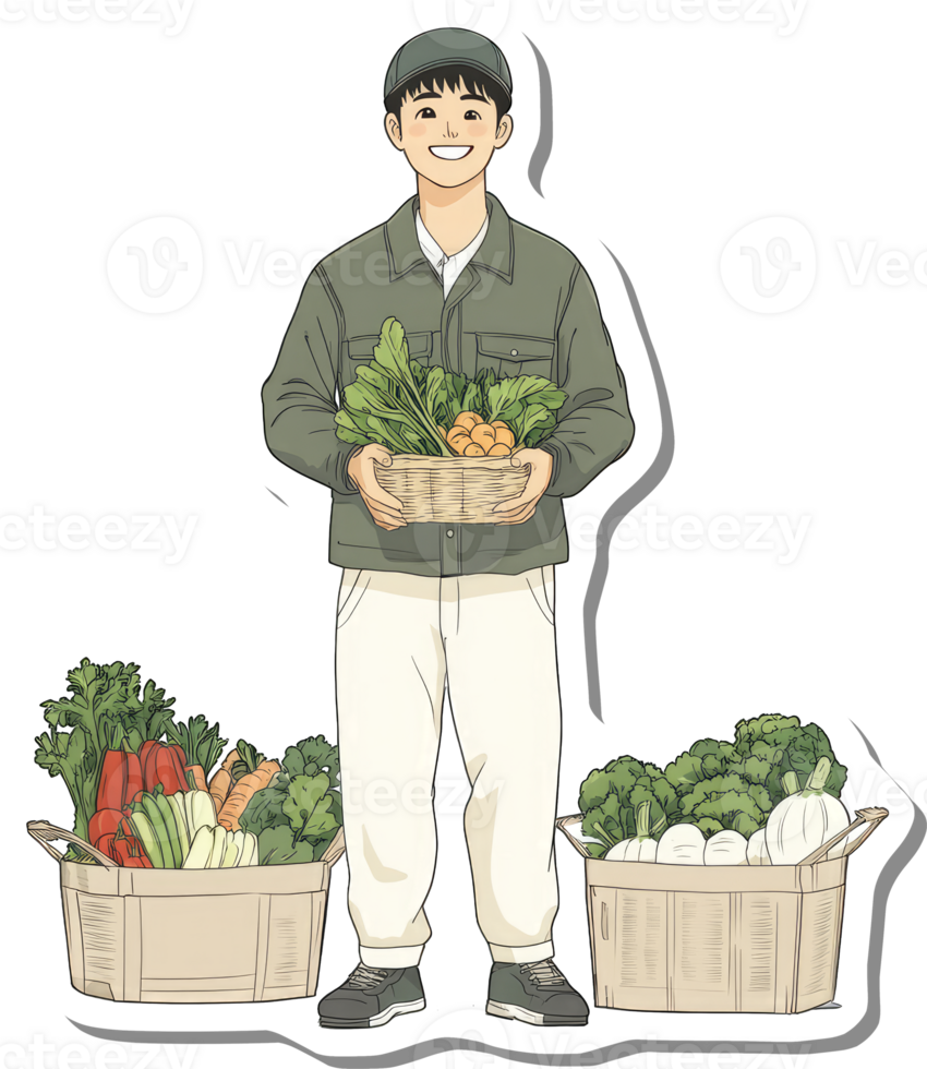 Happy Farmer Holding Fresh Vegetables In Baskets png