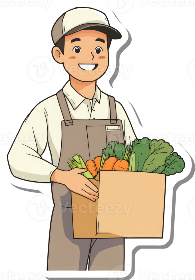 Happy Delivery Man Carrying A Box Of Fresh Vegetables png