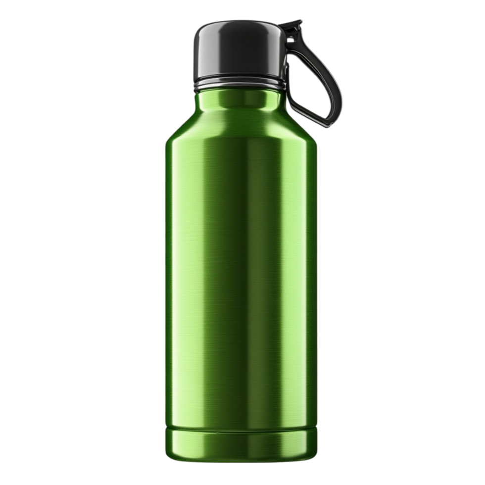A green stainless steel water bottle with a black handle png