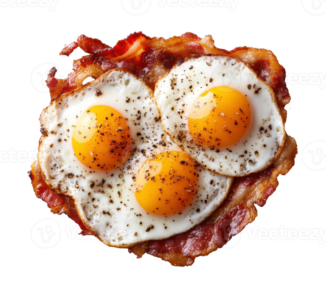Delicious breakfast dish featuring three sunny side up eggs on a crispy bacon base served at a brunch table on transparent background png