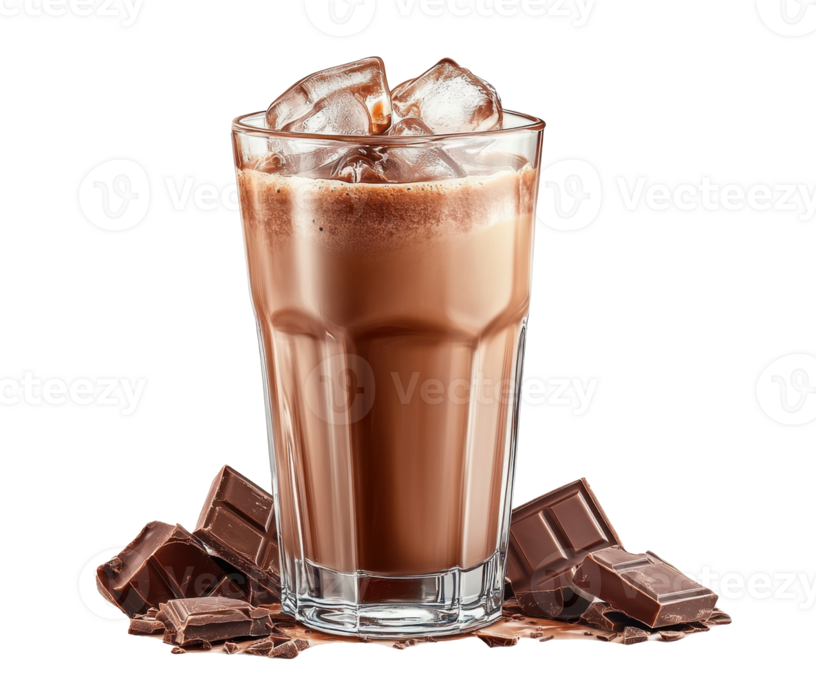 Delicious chocolate drink served in a tall glass with ice and chocolate pieces on transparent background png