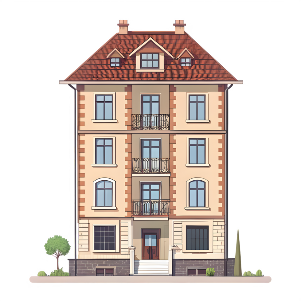 Modern concrete apartment building facade with balconies on a transparent background png