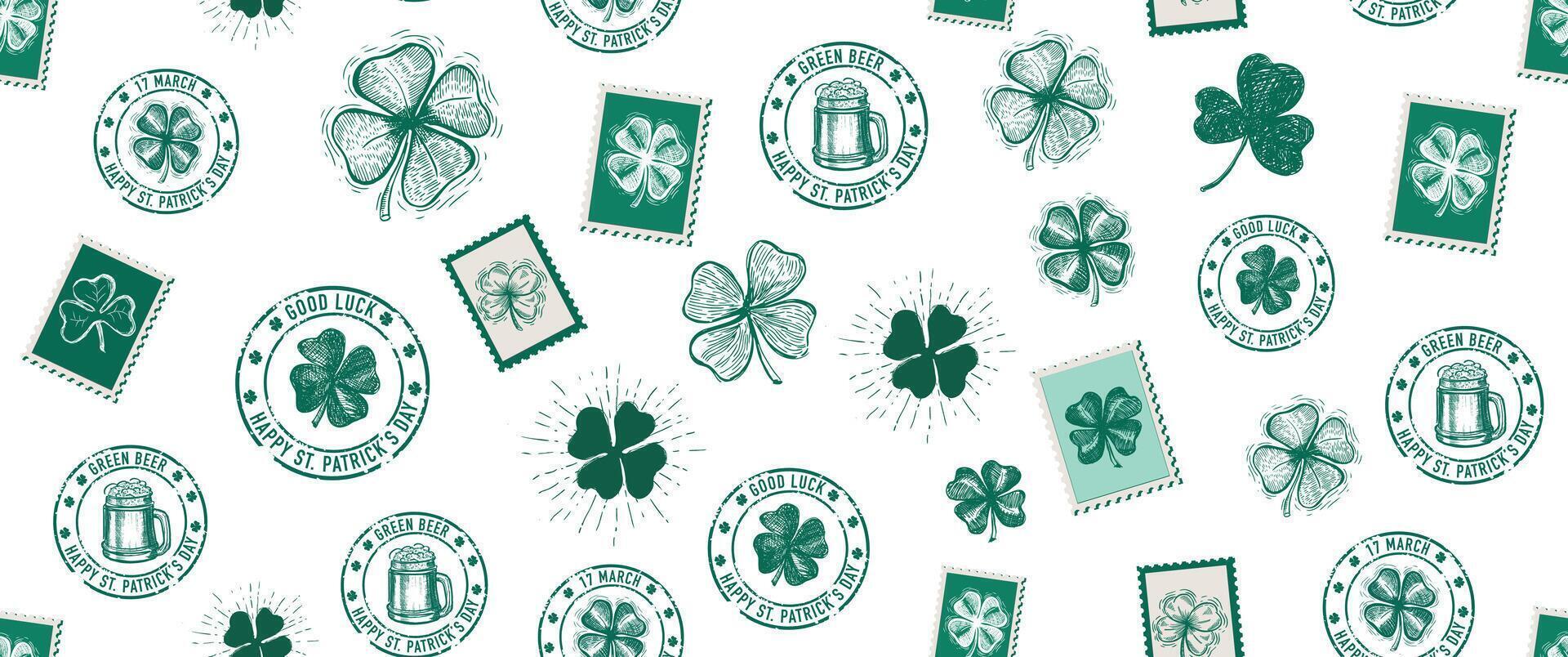 St. Patrick's Day set, beer, clover, Stamps, mail, postcard, Hand drawn illustrations vector
