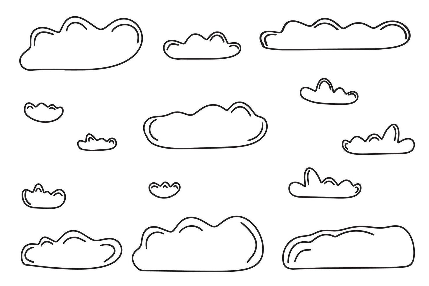 White clouds of different shapes in doodle style. Hand drawn clouds. Rain floating clouds silhouette illustration sketch. illustration vector