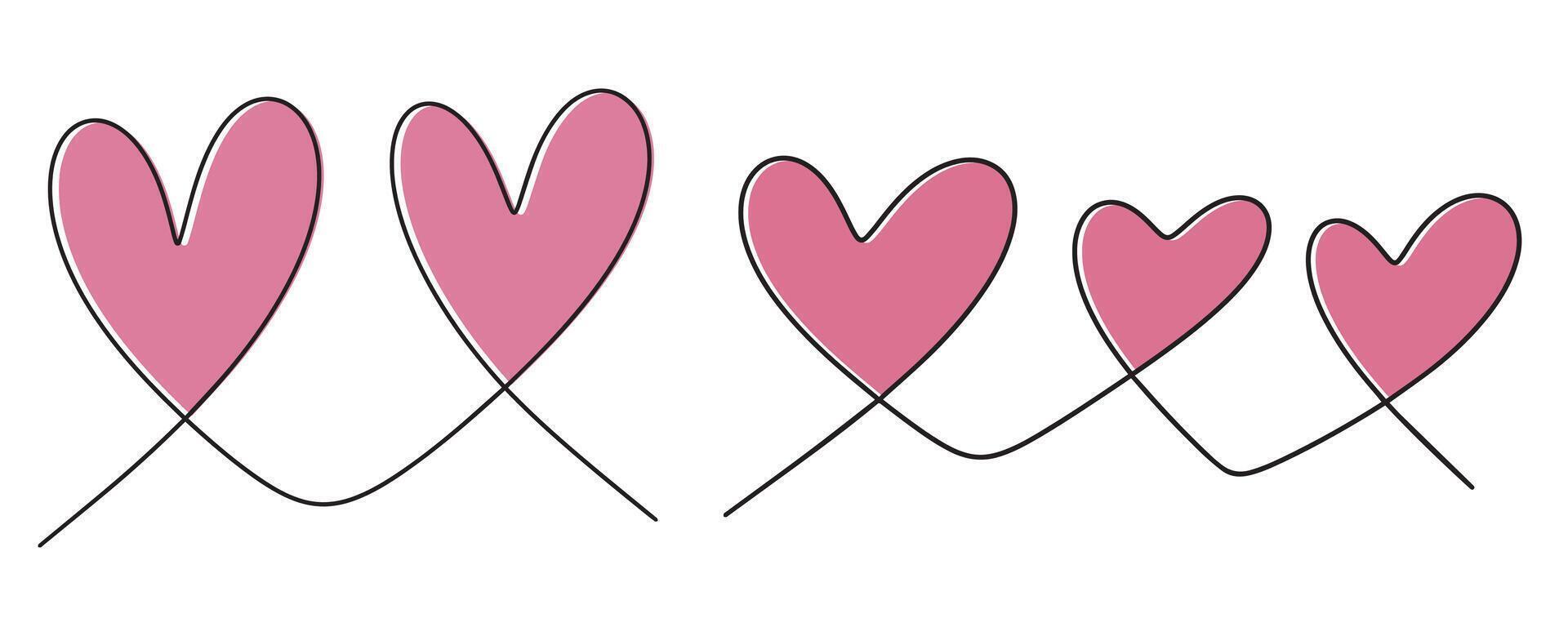 Continuous line drawing of two and three pink hearts, minimalistic love concept illustration. . illustration vector
