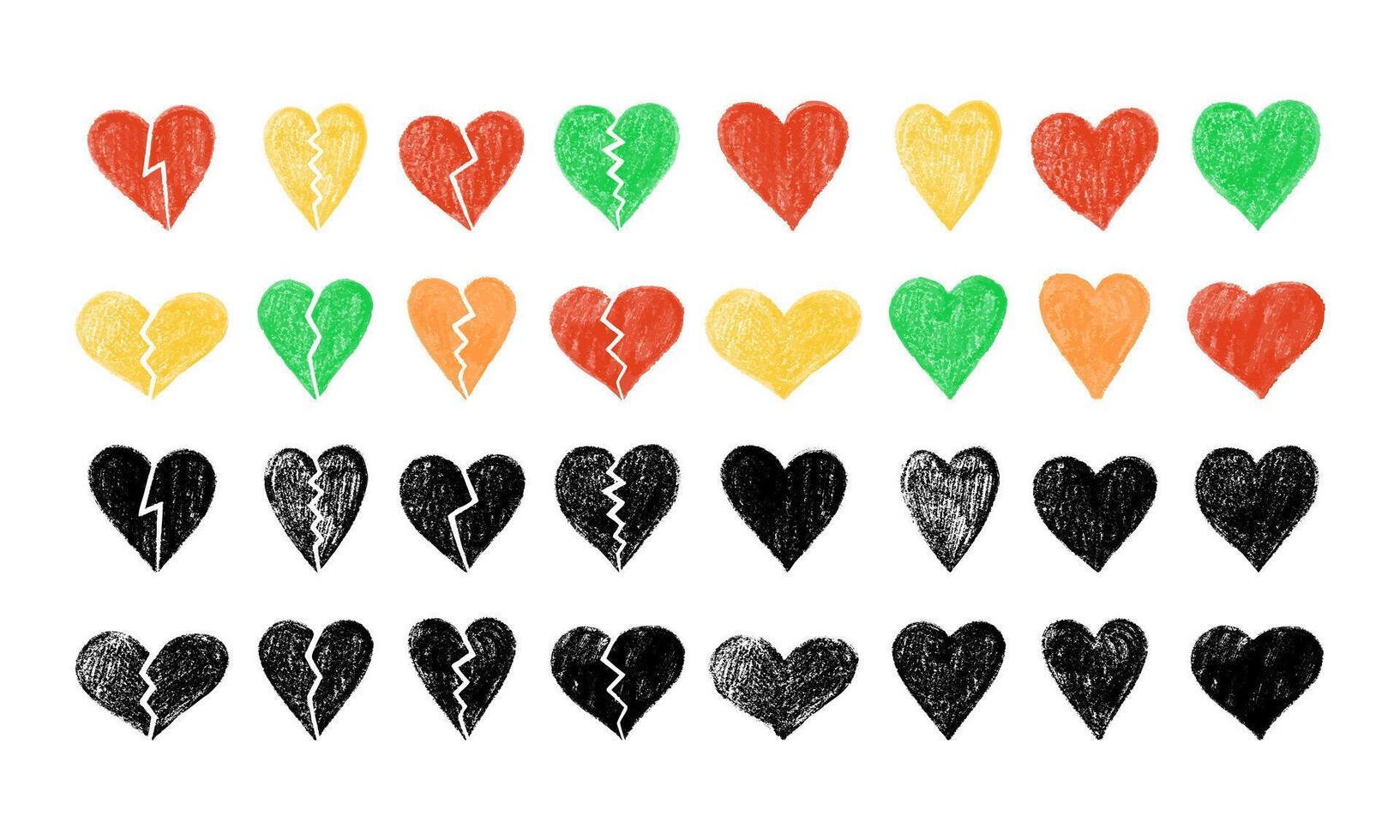 Crayon drawn whole and broken hearts in various colors on white vector