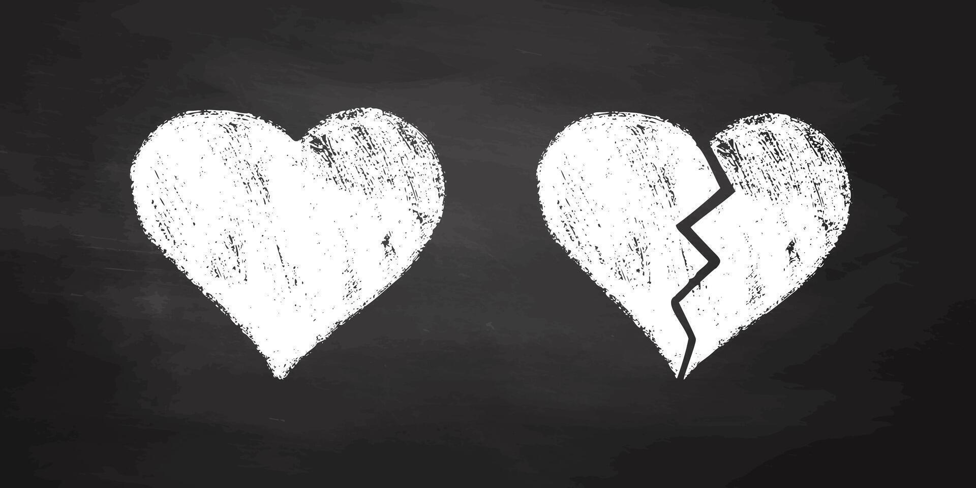Broken and whole red crayon hearts on black background in textured style vector