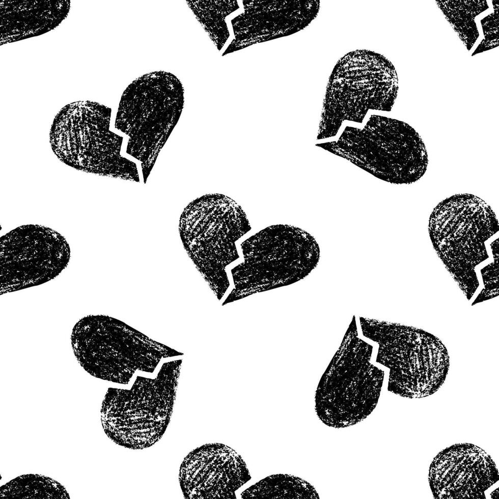 Seamless pattern of broken hearts hand-drawn in chalk on white background vector