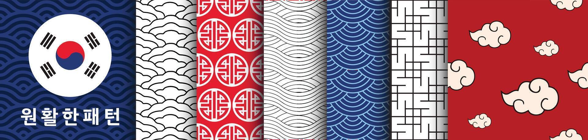 Korean Seamless Patterns. Collection of Asian designs for backgrounds, textiles and clothing. Set of graphics in oriental style for graphic and web projects. Traditional and vintage pack vector