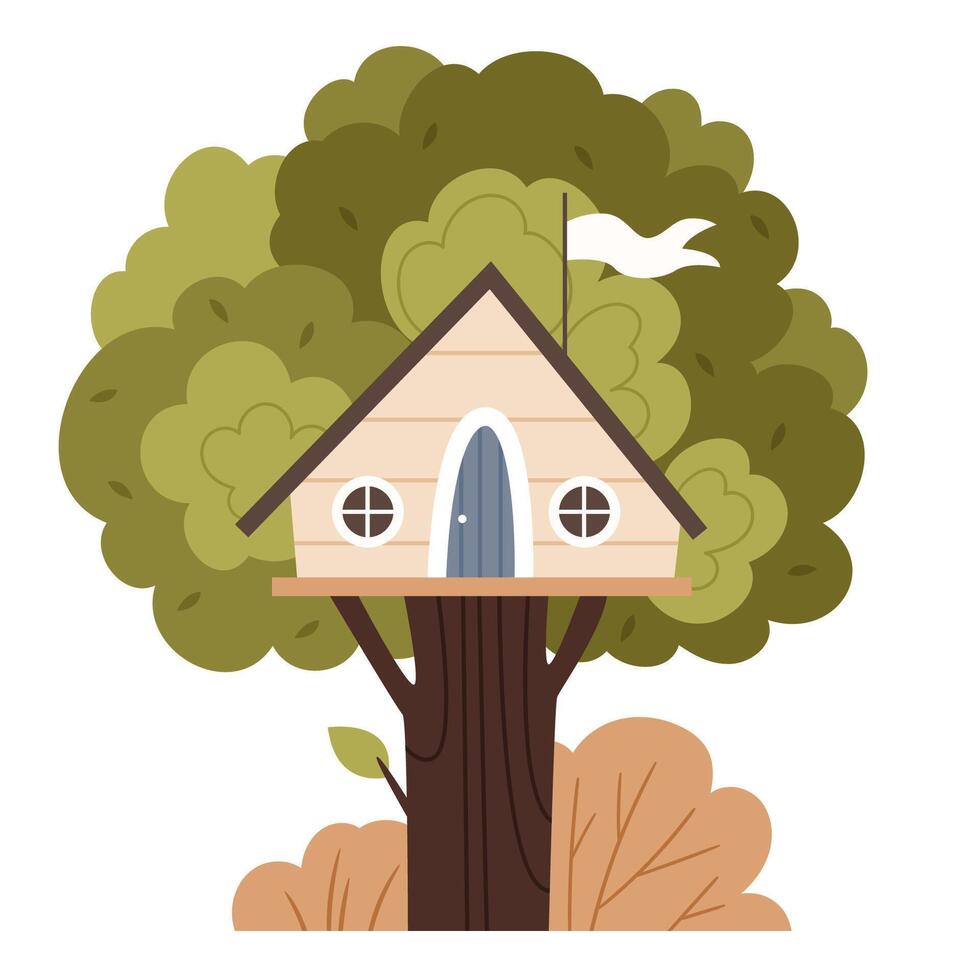 Tree house in simple flat style.Fairytale little homes in plant branches. Playing park constructionsTree house in simple flat style.Fairytale little homes in plant branches. Playing park constructions vector