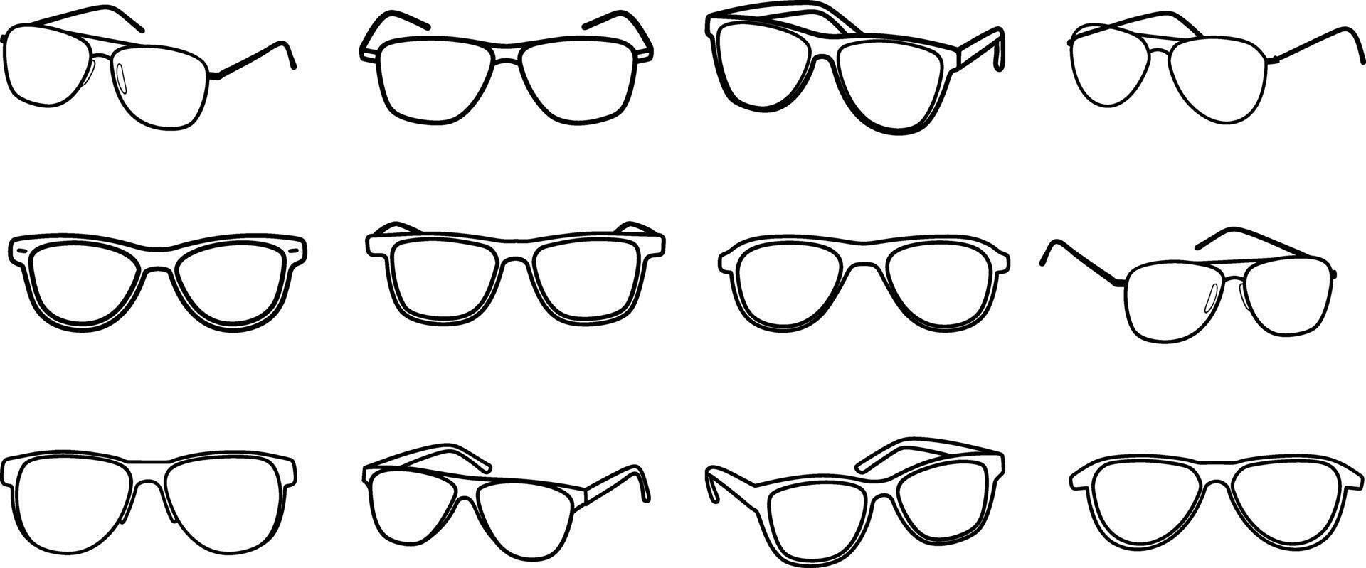 Collection of various eyeglasses designs in black and white. vector
